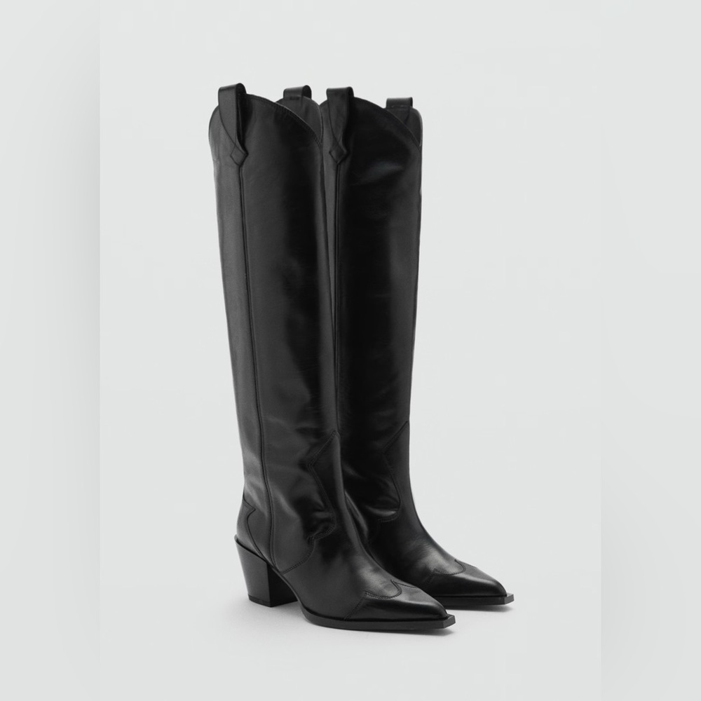 NWT Mango Black Heeled Leather Cowboy Boots
